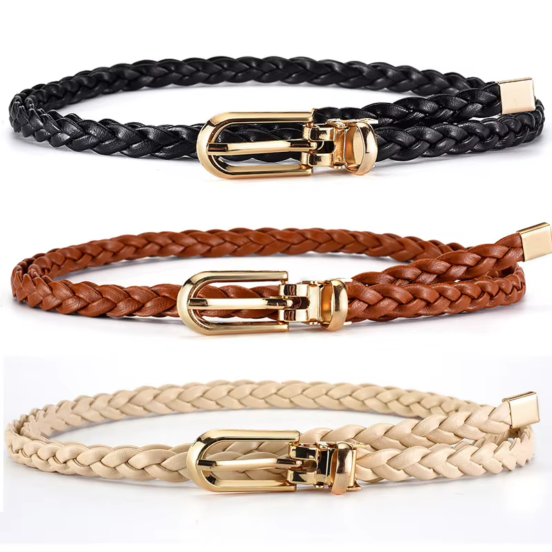 Ceinture Fine Tressée en Cuir pour Femme, Sangle de Taille Décorative, Broche à la Mode
