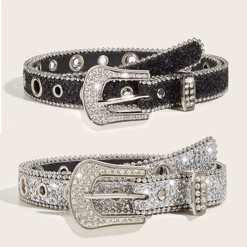 Ceinture gothique noire argentée avec boucle en métal et strass, design de luxe quatre saisons Y2K pour femmes et hommes, grande taille