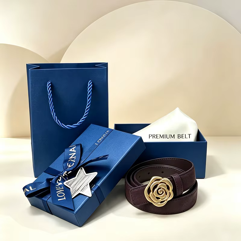 Ceinture en cuir suédé pour femme, style vintage, boucle fleur rose dorée, avec emballage cadeau, pour robe ou jean