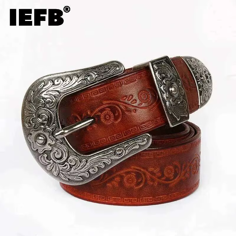 IEFB hommes ceinture en relief en cuir sculpture florale véritable ceintures