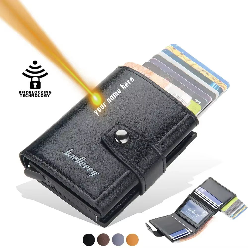 Porte-cartes personnalisé en aluminium pour hommes – Portefeuille en cuir PU bloquant RFID – Nom gravé pour cartes de crédit/banques et protection d'identité