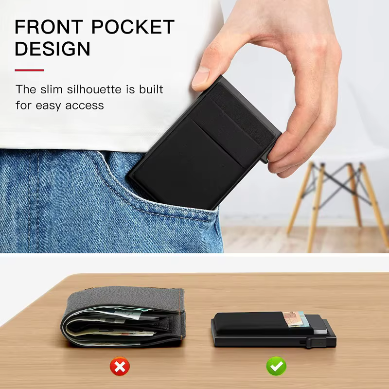 Portefeuille fin pour homme, anti-RFID, porte-cartes intelligent à ouverture automatique, étui à monnaie, petit et compact, porte-cartes d'identité et de banque, pour femme