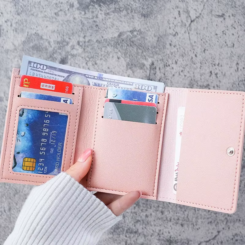Portefeuille court mignon pour femme 2024 avec fermoir, porte-cartes d'identité et bancaires, pour étudiante, sac à monnaie, portefeuille pour femme, sac à motif de dessin animé rose