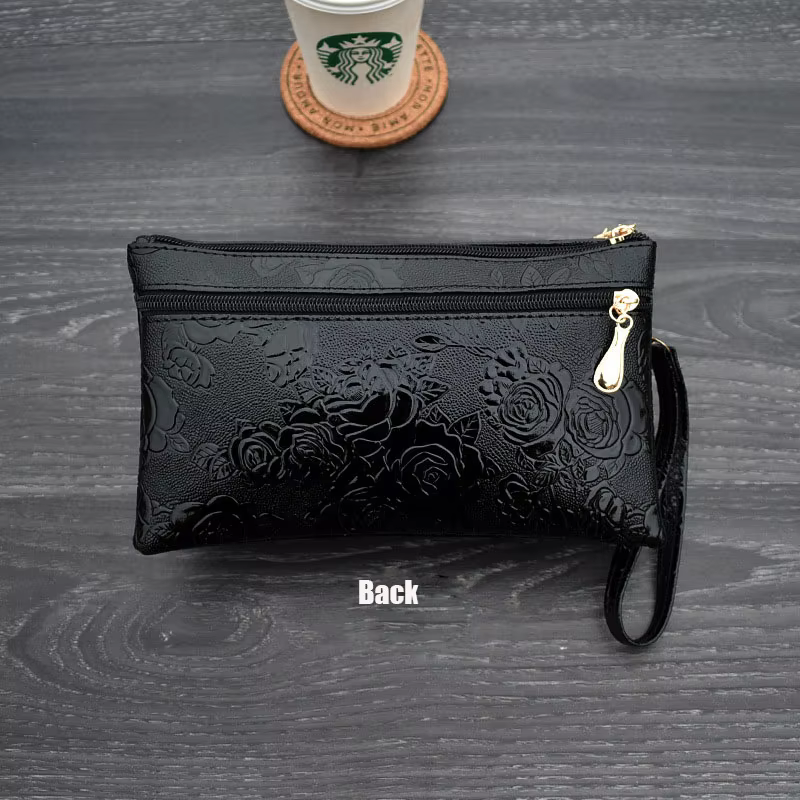Portefeuille femme quatre fermeture éclair longue pochette 3D moletage rétro en cuir sac à main sac