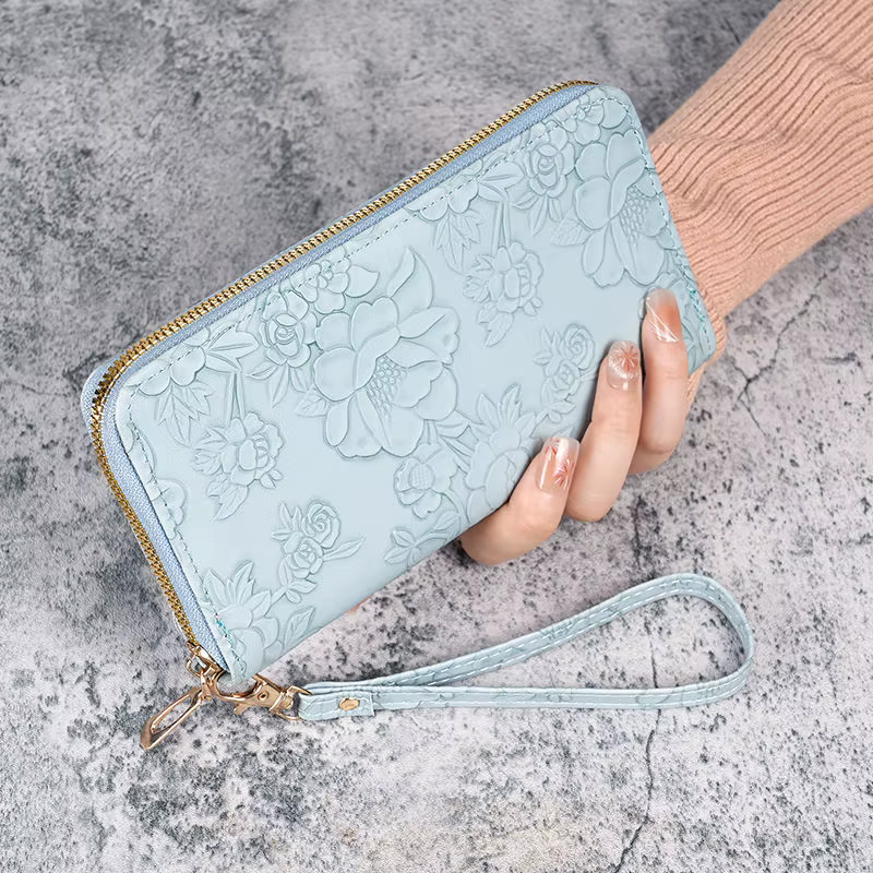 Portefeuille long pour femme en cuir gaufré floral - Porte-carte de crédit avec fente pour téléphone