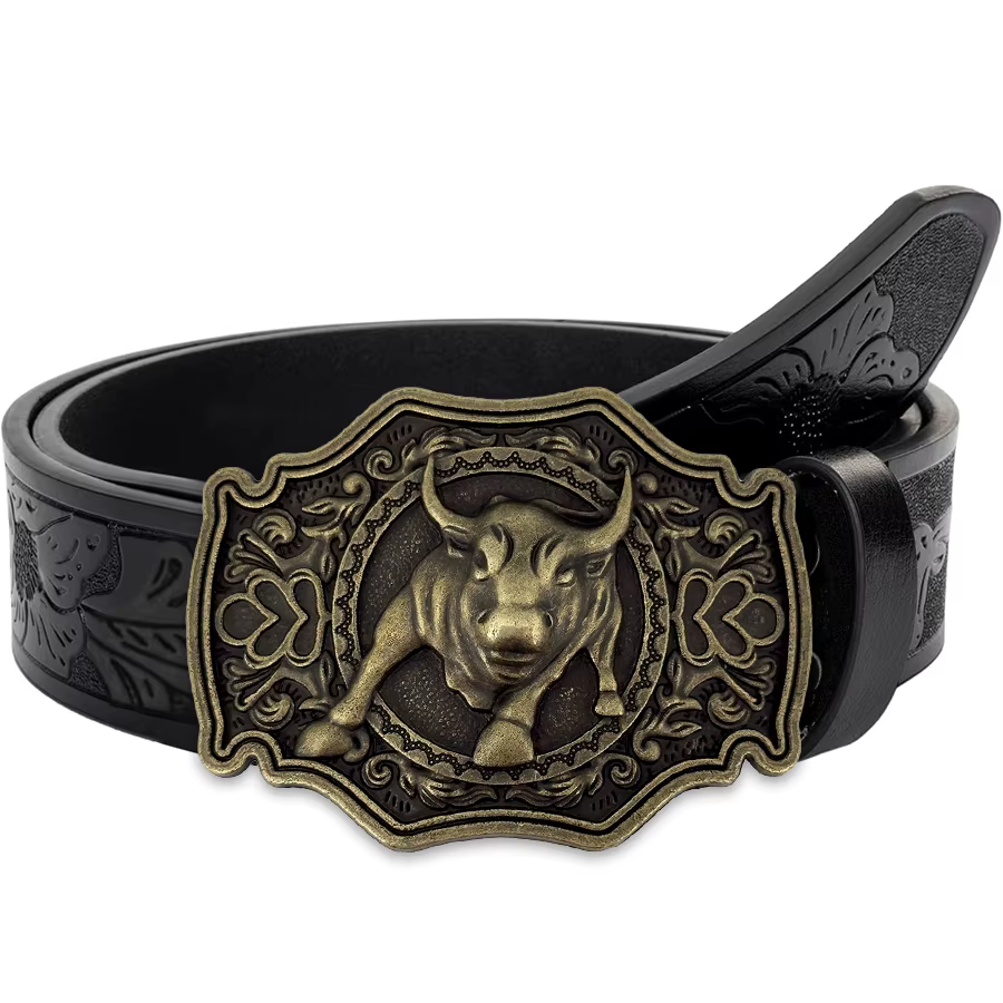 Ceinture Golden Calf avec grande boucle sculptée exquise en alliage pour hommes et femmes - Motif irrégulier fleur