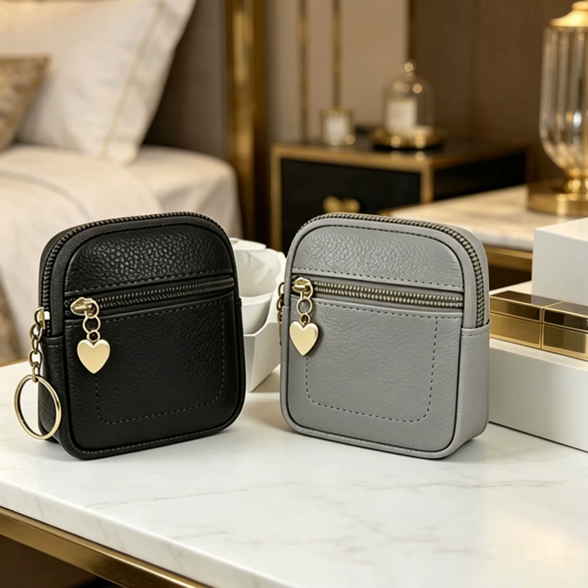 Nouvelle Pochette à Monnaie Portable en Cuir PU avec Anneau Porte-clés