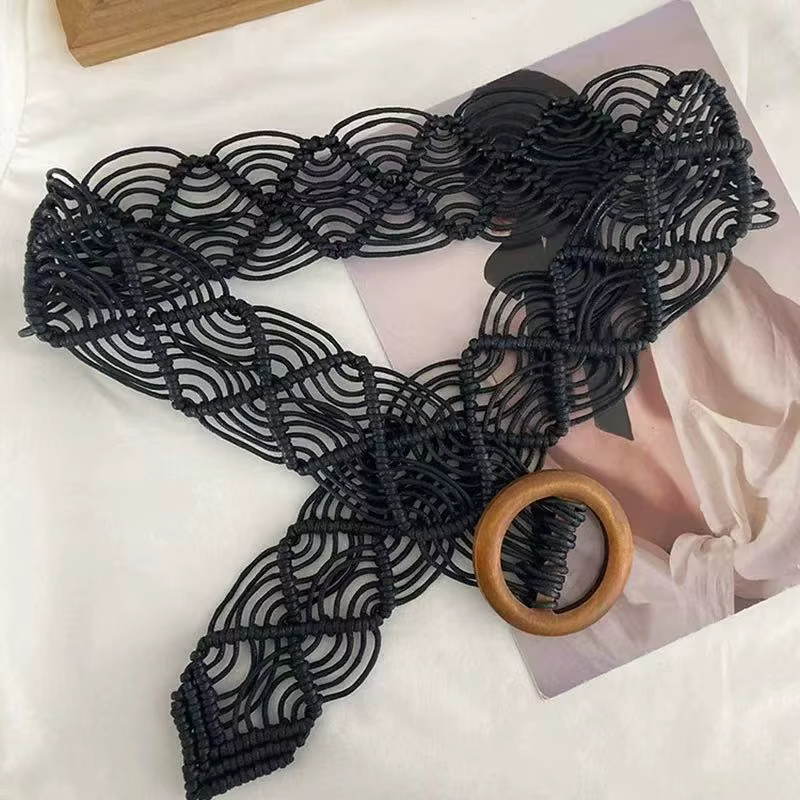 Ceinture en corde cirée tressée à la main style bohème, accessoire ethnique printemps/été avec boucle en bois pour robes