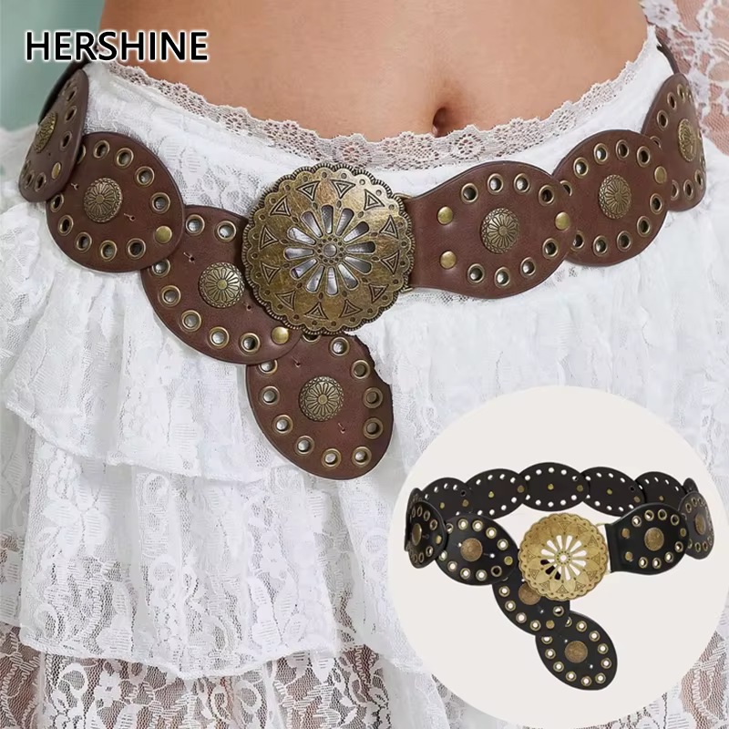 Hershine Ceinture patchwork vintage 1 pièce pour femme avec boucle ajourée en bronze