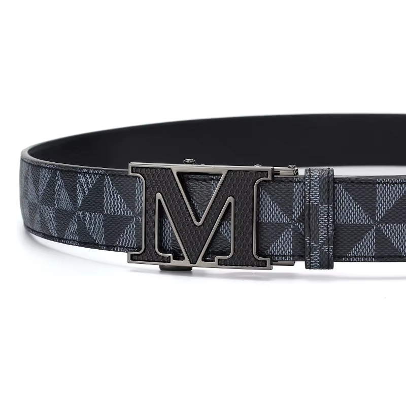 Ceinture de luxe pour homme avec boucle automatique lettre M, motif géométrique à carreaux, en cuir, pour affaires et décontracté
