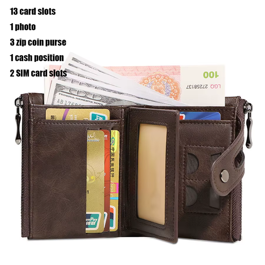 2025 Vintage classique rétro hommes portefeuille avec chaîne RFID antivol en cuir synthétique Double fermeture éclair porte-monnaie porte-carte de crédit