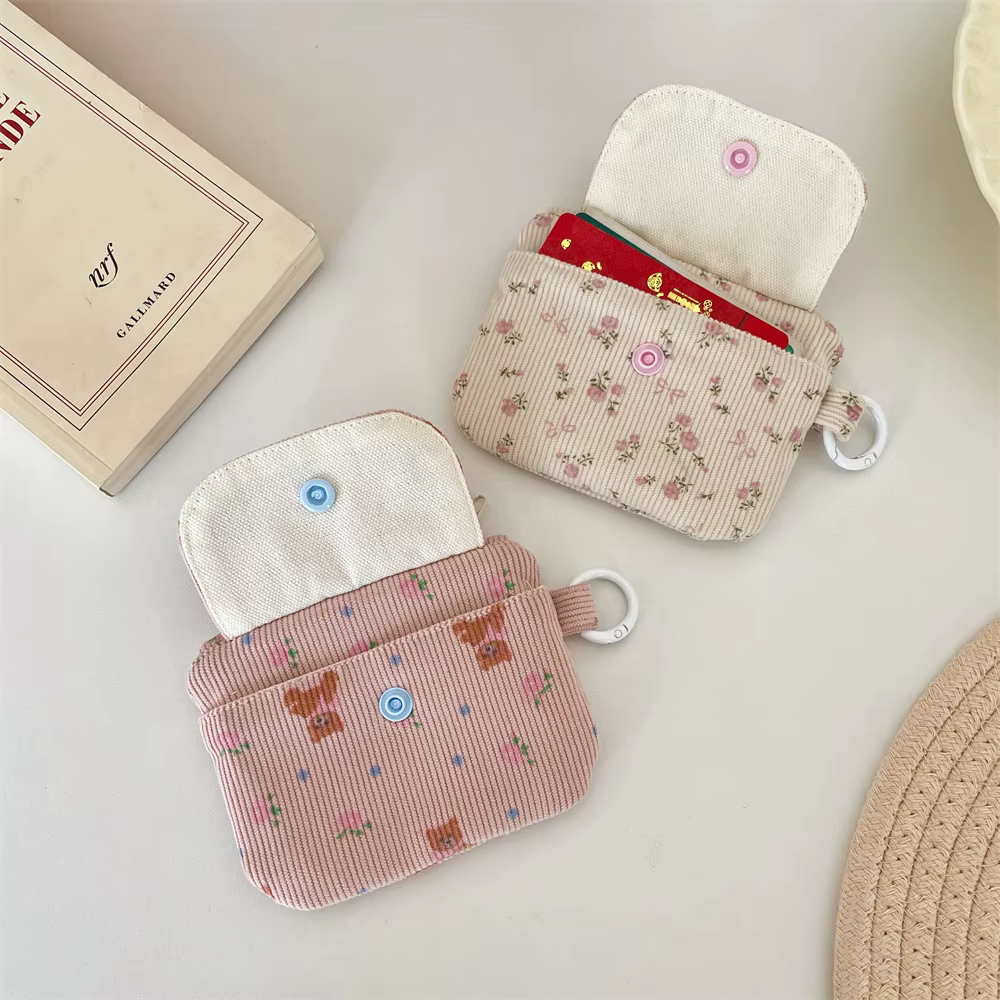 Sac à cartes imprimé en velours côtelé, porte-monnaie à fermeture éclair avec porte-clés, mignon pour enfants, petit portefeuille à fermeture éclair, porte-carte de crédit, sac d'identité