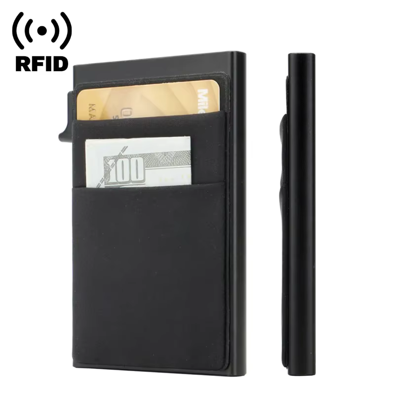 Portefeuille fin pour homme, anti-RFID, porte-cartes intelligent à ouverture automatique, étui à monnaie, petit et compact, porte-cartes d'identité et de banque, pour femme