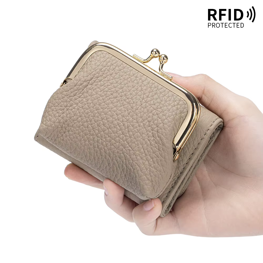 Mini portefeuille court en cuir véritable pour femmes, Design Vintage, blocage RFID, fente multi-cartes, porte-monnaie, sacs à fermoir Kiss Lock