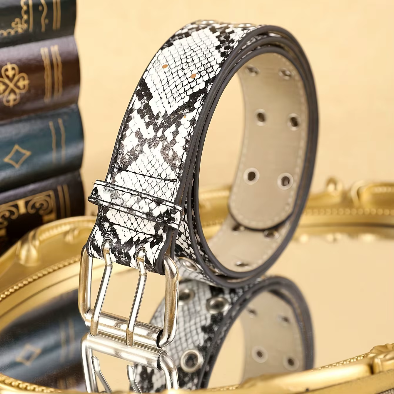 Ceinture en cuir PU à motif python noir et blanc pour femme