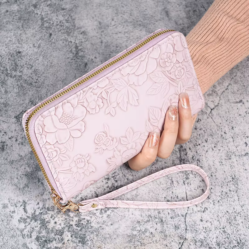 Portefeuille long pour femme en cuir gaufré floral - Porte-carte de crédit avec fente pour téléphone