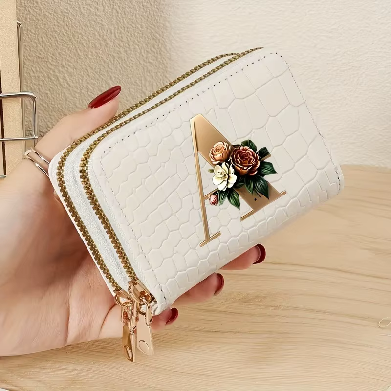 Portefeuille double fermeture éclair en cuir PU blanc pour femme