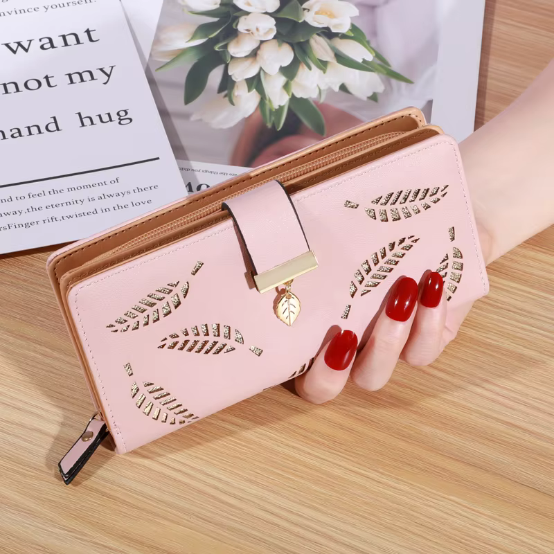 Portefeuille long en cuir PU pour femme, motif feuilles dorées ajourées, pochette, sac à main, porte-monnaie, porte-cartes, pochette de soirée