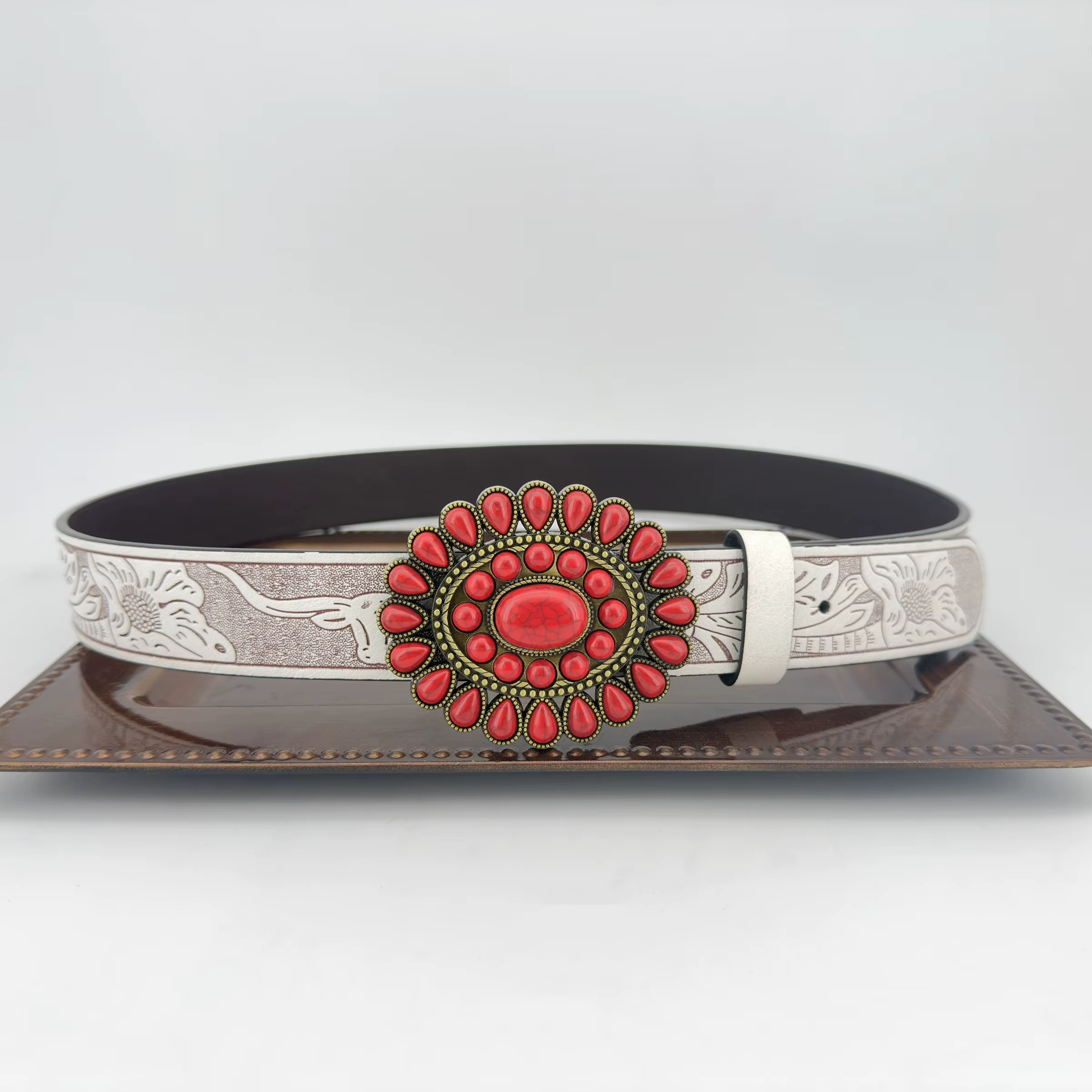 Ceinture de mode de haute qualité turquoise incrustée de style bohème occidental, ceinture décontractée en cuir PU avec boucle en alliage de zinc pour hommes et femmes