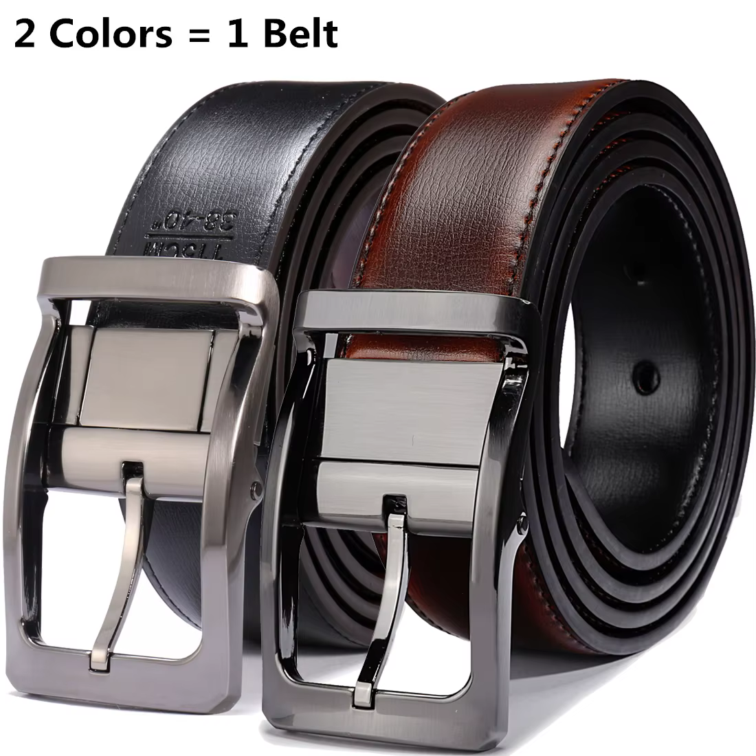 Ceinture réversible en cuir véritable pour hommes, 1 pièce, boucle rotative deux en un, grande et haute