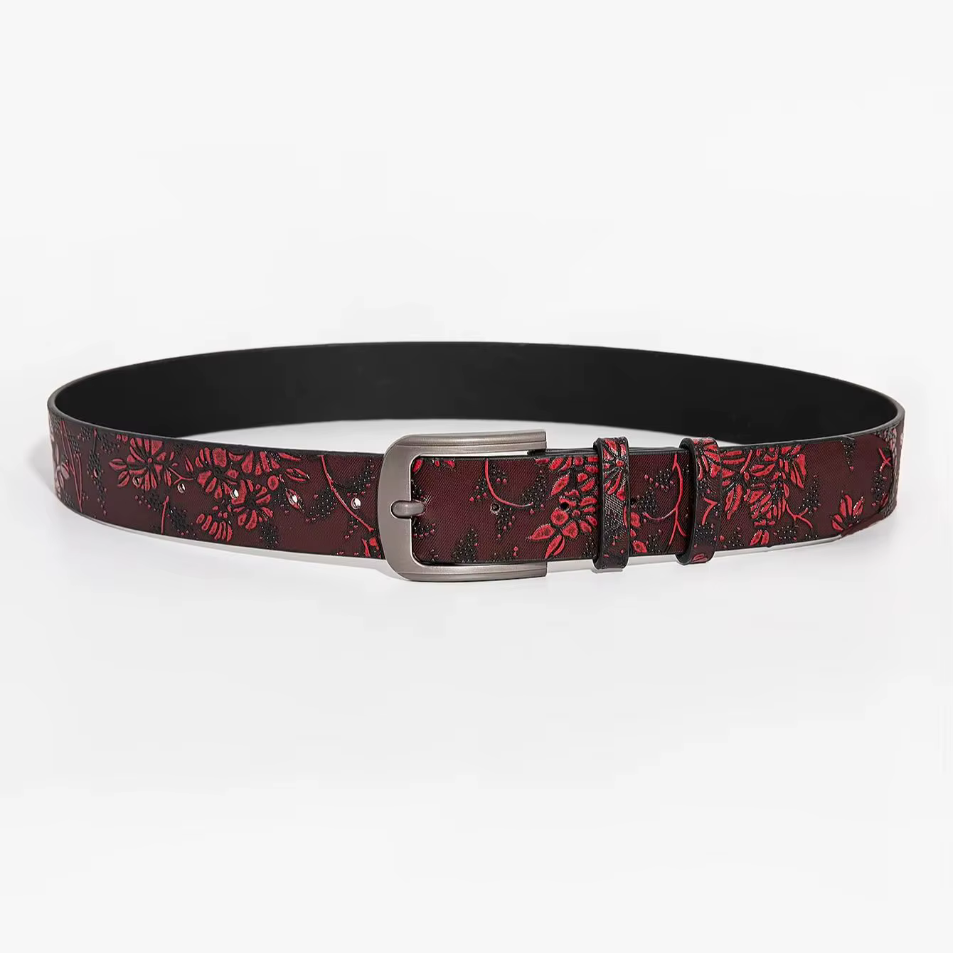 Ceinture vintage à fleurs gaufrées bordeaux pour femme