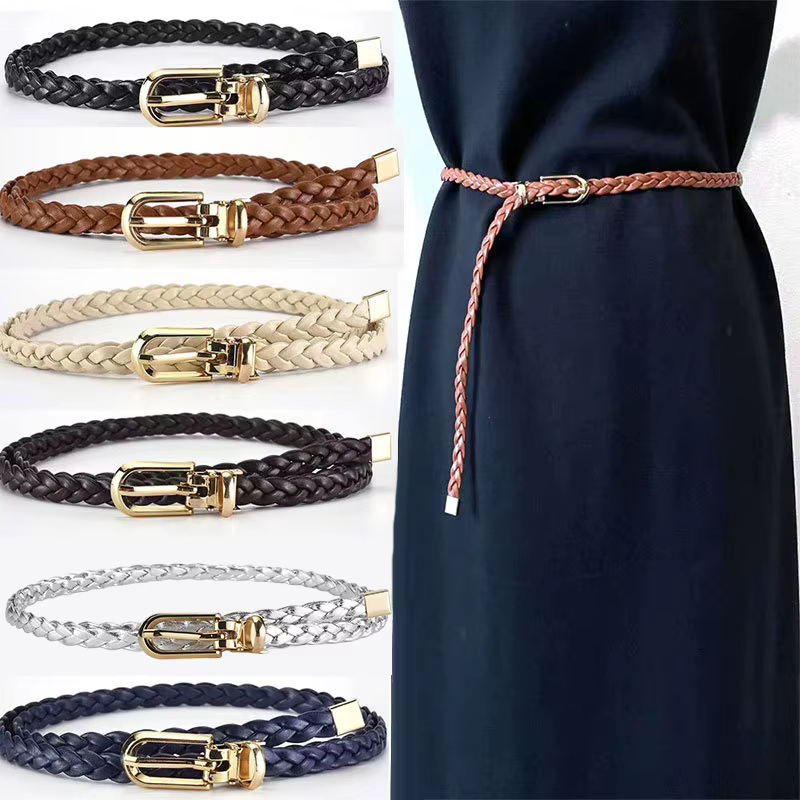 Ceinture Fine Tressée en Cuir pour Femme, Sangle de Taille Décorative, Broche à la Mode