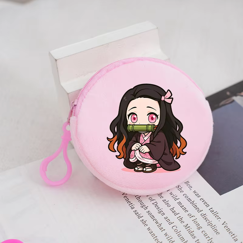 Porte-monnaie Demon Slayer, figurine d'anime, version Q mignonne, mini pochette à clés imprimée, portefeuille rond, décoration pour garçons et filles, porte-monnaie souple, cadeau