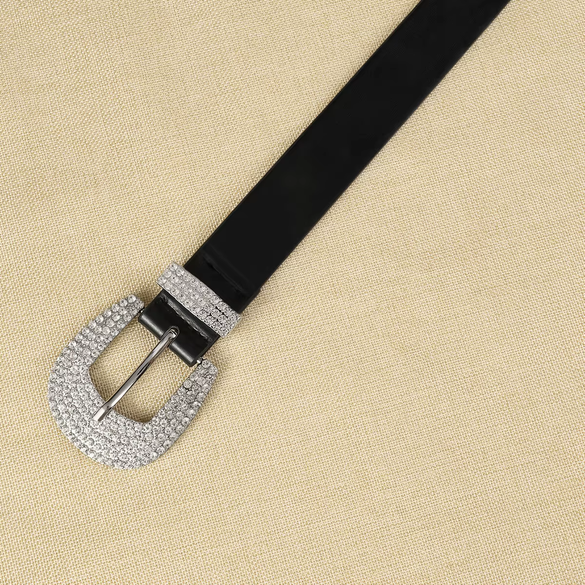1 ceinture noire en PU pour femme avec boucle ornée de diamants