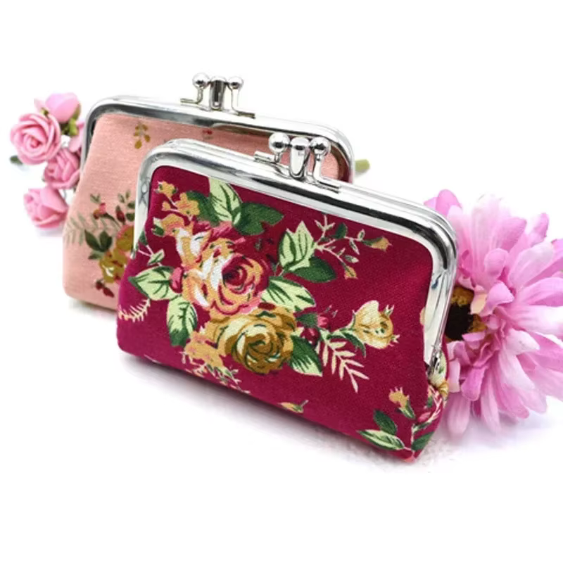 Femmes porte-monnaie mignon fleur imprimé dames Mini sac sac à monnaie deux boutons en métal poche pochette