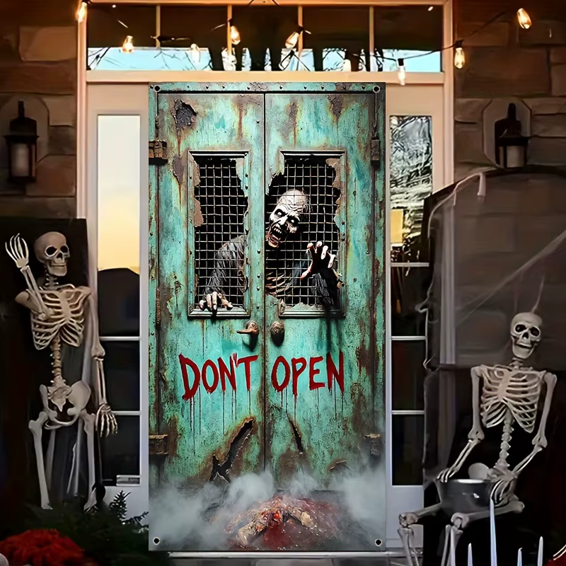 Bannière de porte 2D, 1 pièce, rideau de porte suspendu 2D/plat squelette d'horreur zombie "Ne pas ouvrir la porte", décoration de fête