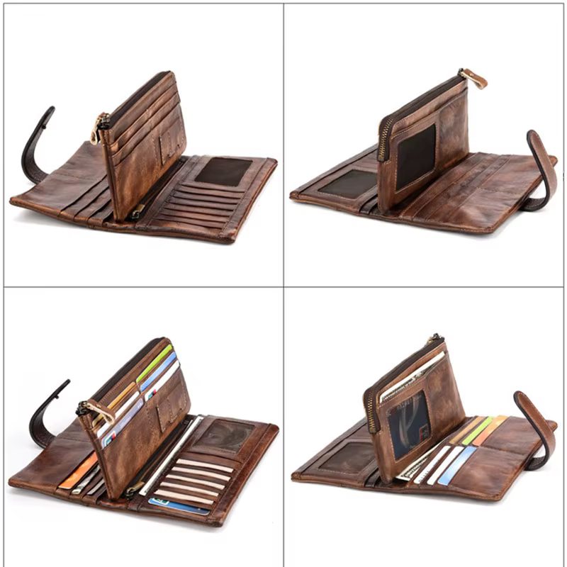 Luufan-Portefeuille long en cuir véritable vintage pour hommes et femmes