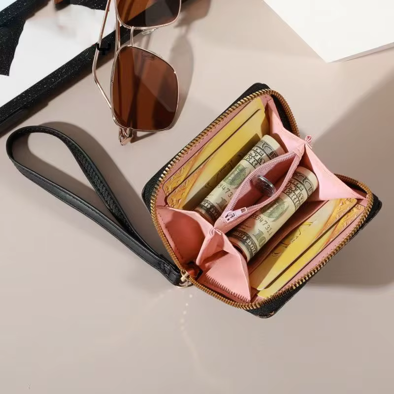 Portefeuille court minimaliste pour femme avec fermeture éclair