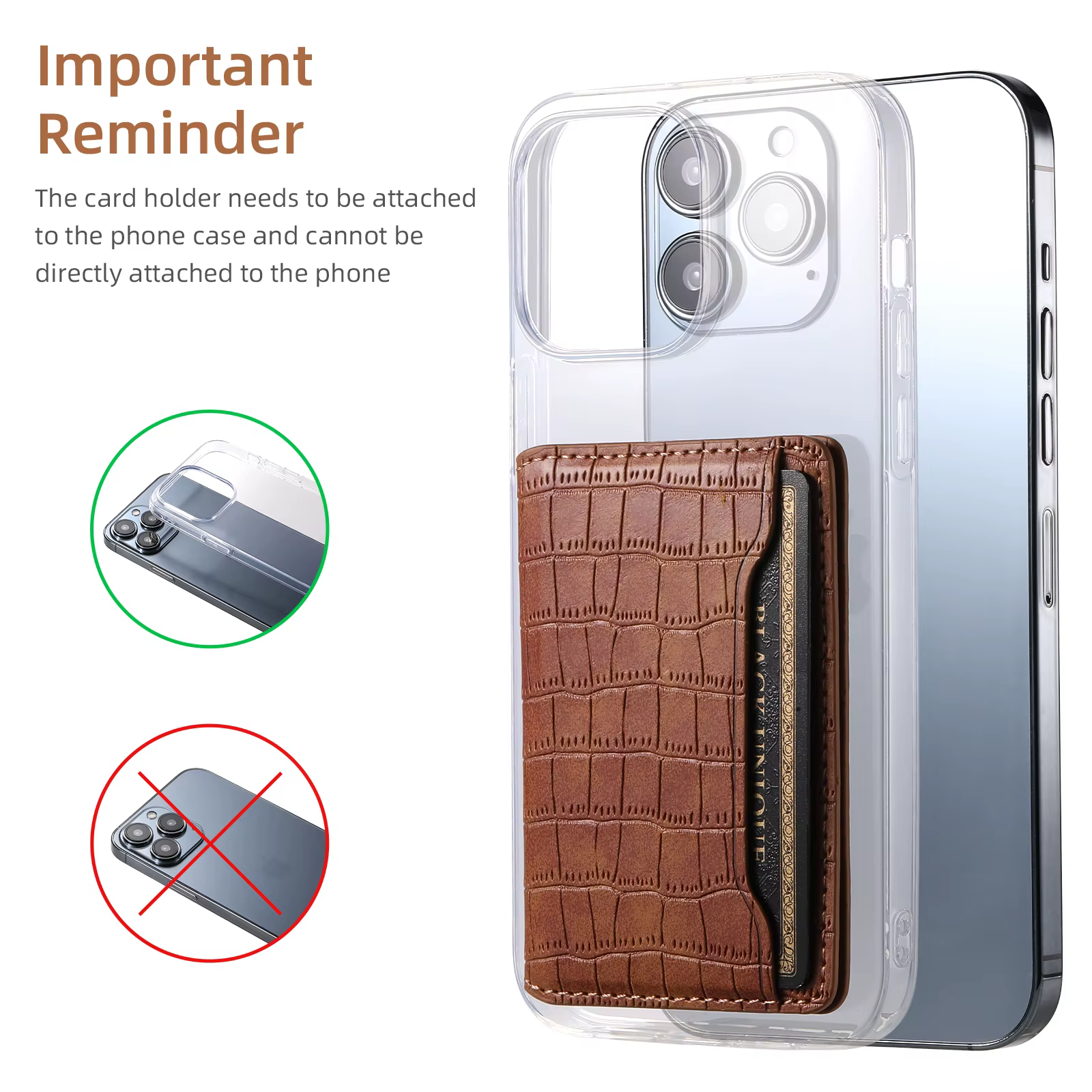 Porte-cartes adhésif en cuir PU gaufré crocodile à double fente pour téléphones iPhone et Samsung