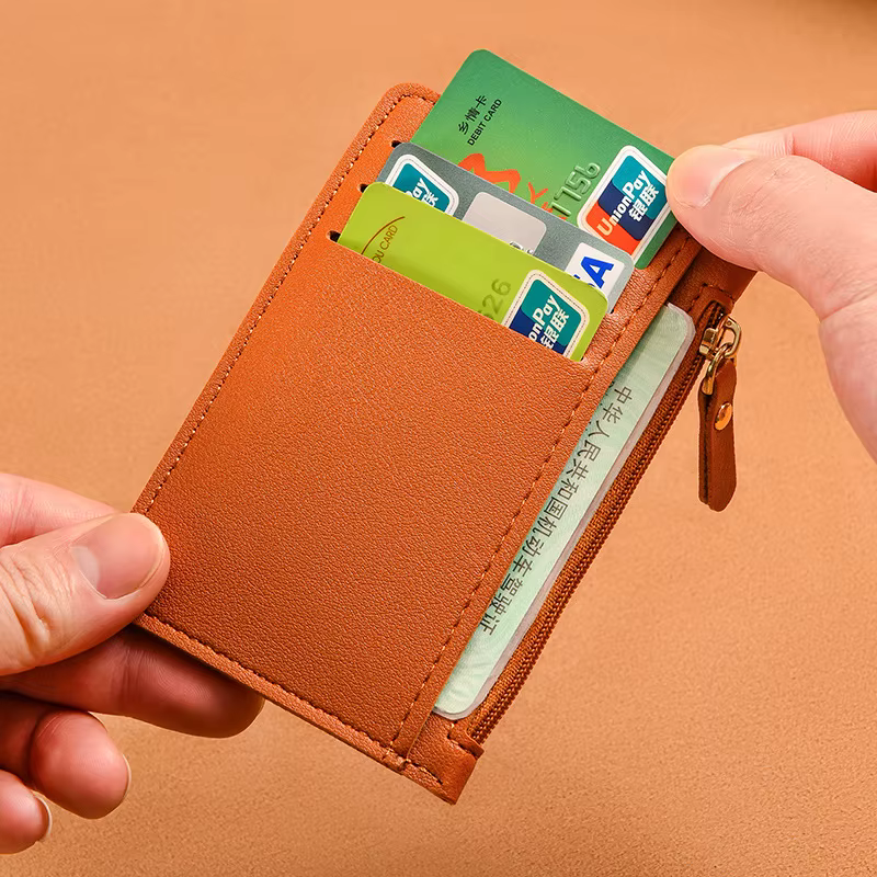 Hommes femmes Mini porte-cartes d'identité affaires porte-carte de crédit en cuir PU mince étui pour cartes bancaires organisateur portefeuille fermeture éclair unisexe