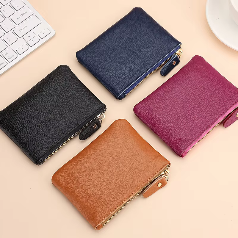 Porte-monnaie en cuir véritable noir pour hommes et femmes