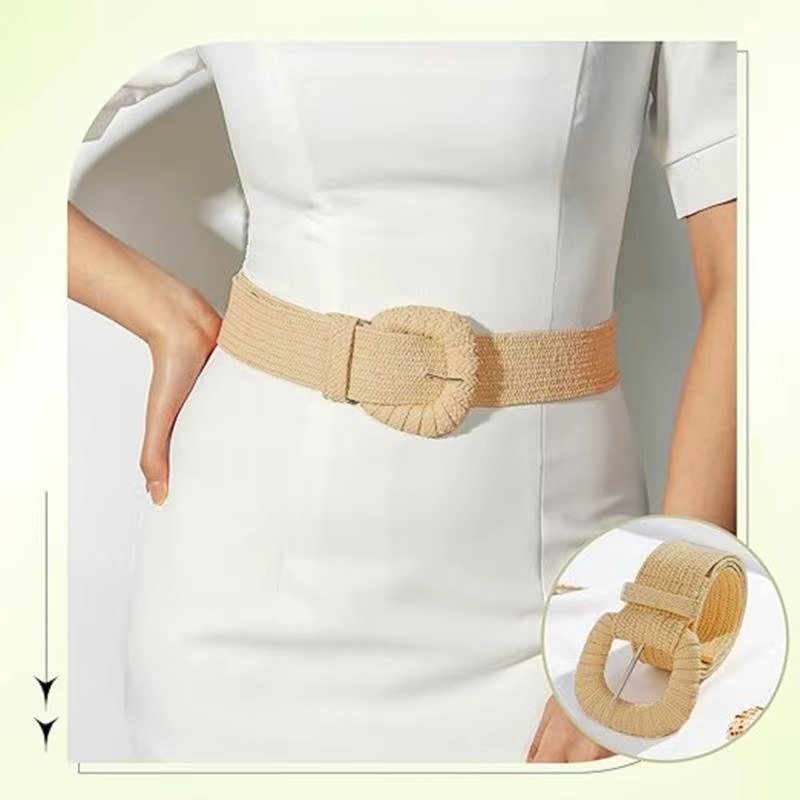 Été automne taille ceinture rétro tissé boucle ardillon ceintures Style bohème tressé large ceinture Pp paille herbe ceinture taille sangle
