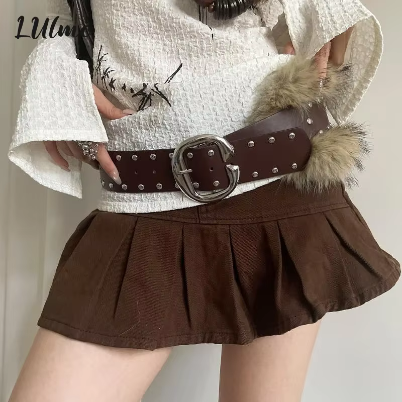 Ceinture large en fausse fourrure pour femmes, haut de gamme, Patchwork, robuste, Style Punk rétro, Rivet, avec jupe, ceinture en jean