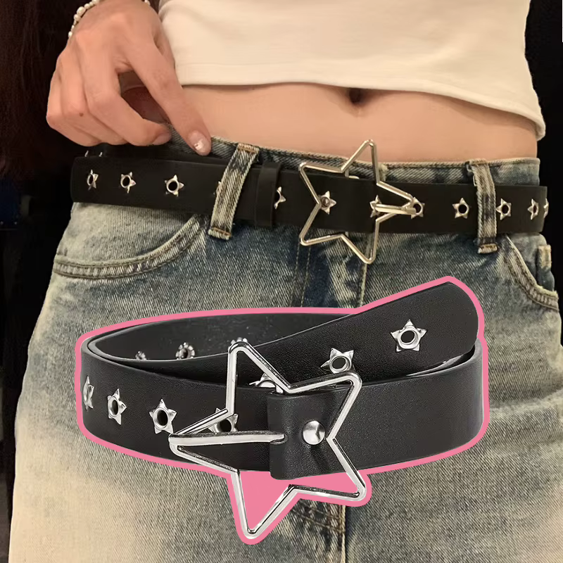 Ceinture Y2K Punk Star en cuir PU noir à rivets et œillets, style Goth, pour femmes, jeans, pantalons, garçons et filles, étudiants