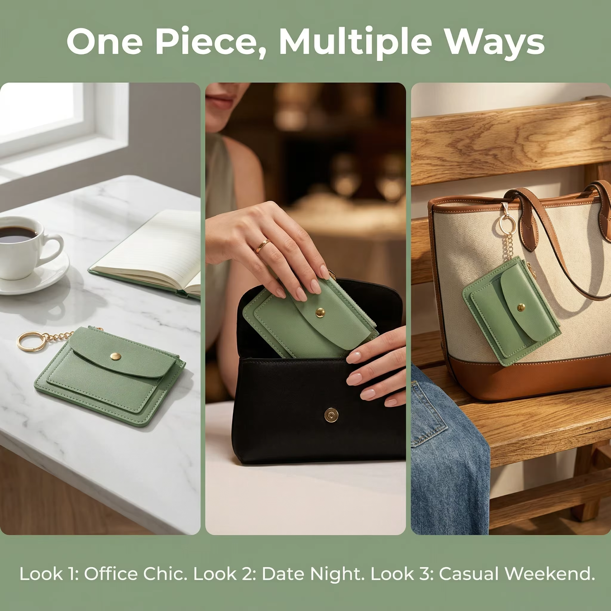 Portefeuille fin en cuir PU vert pour femme
