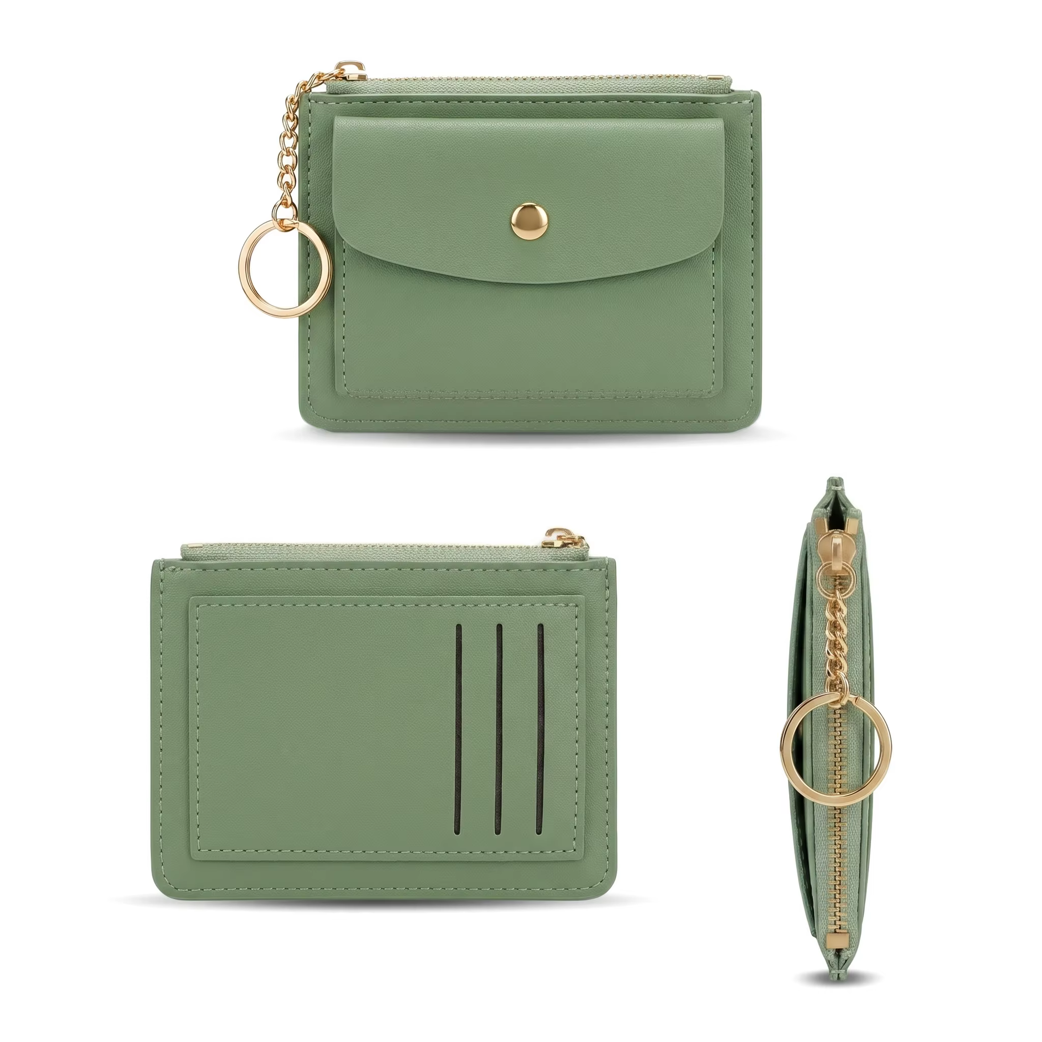 Portefeuille fin en cuir PU vert pour femme