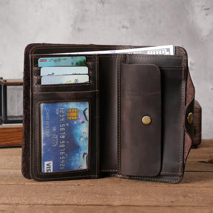 Portefeuille à rabat long en cuir vintage pour hommes avec moraillon, 100% cuir véritable, livraison directe