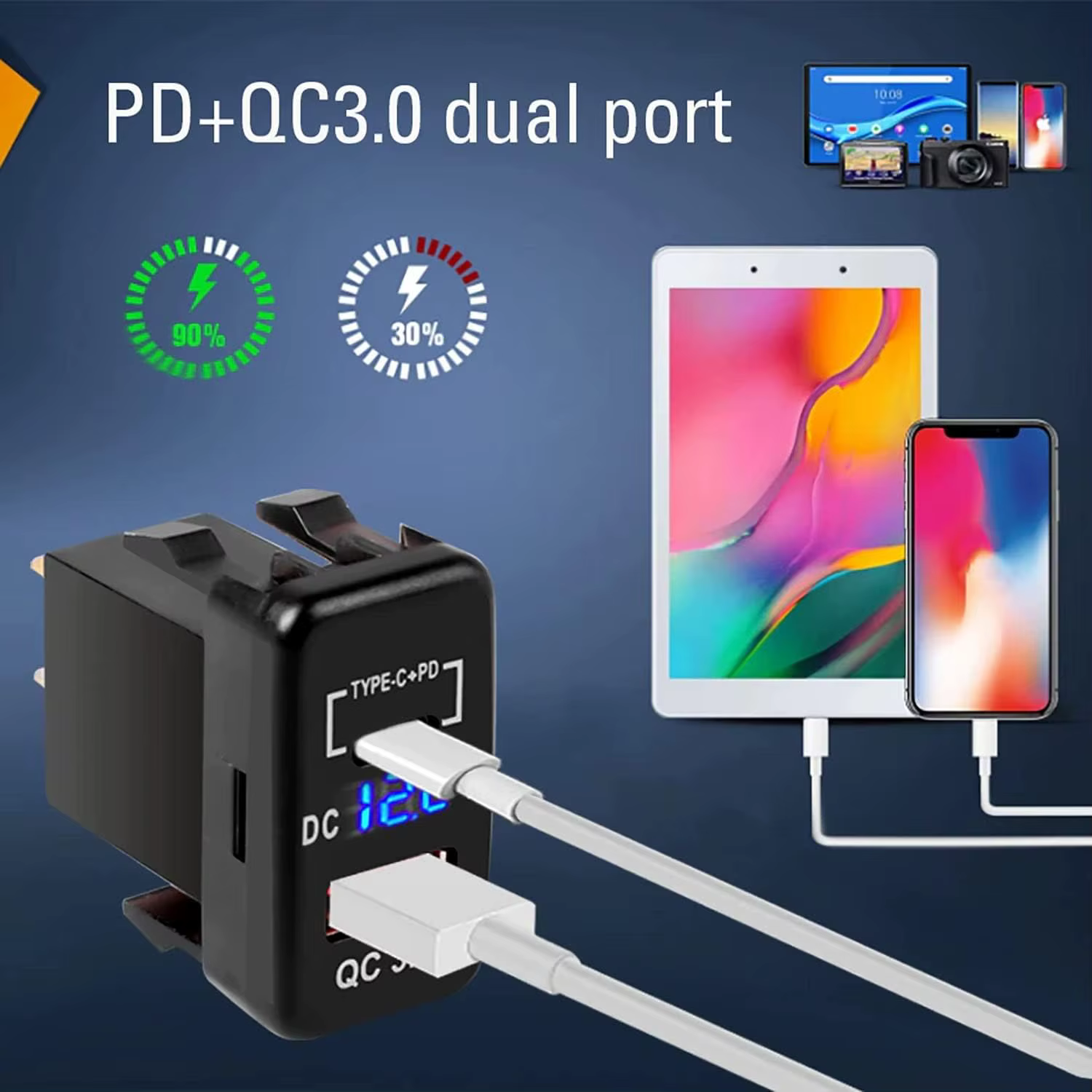 Prise de chargeur de voiture USB, Charge rapide 3.0 et PD, Port USB C, adaptateur de prise de courant pour véhicules Toyota 12V/24V