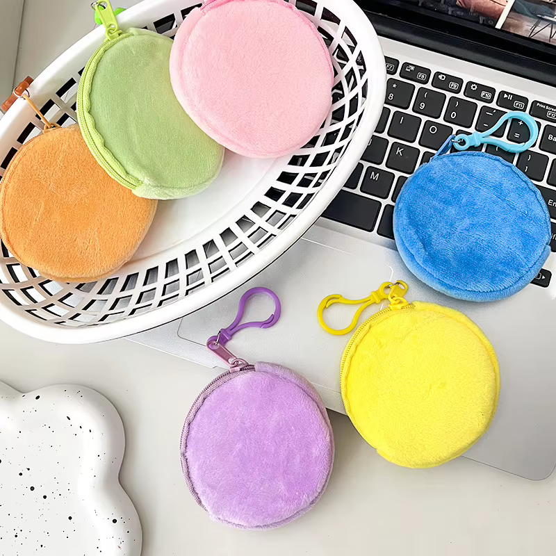 Porte-monnaie rond en peluche solide simple pour hommes et femmes