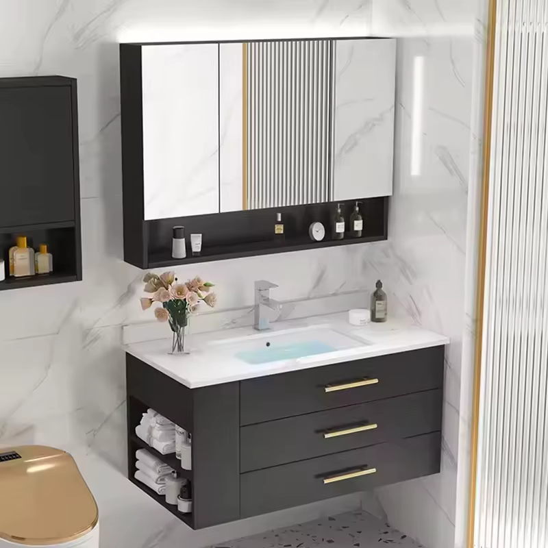 Armoire de rangement de salle de bain moderne, meuble de salle de bain en bois avec miroir, évier mural pour hôtel