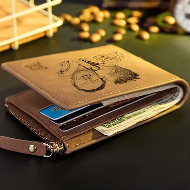 Portefeuille photo personnalisé pour hommes, image et texte gravés, cadeau de fête des pères, poche pour pièces de monnaie à fermeture éclair | Meilleur cadeau de Noël pour mari/pai