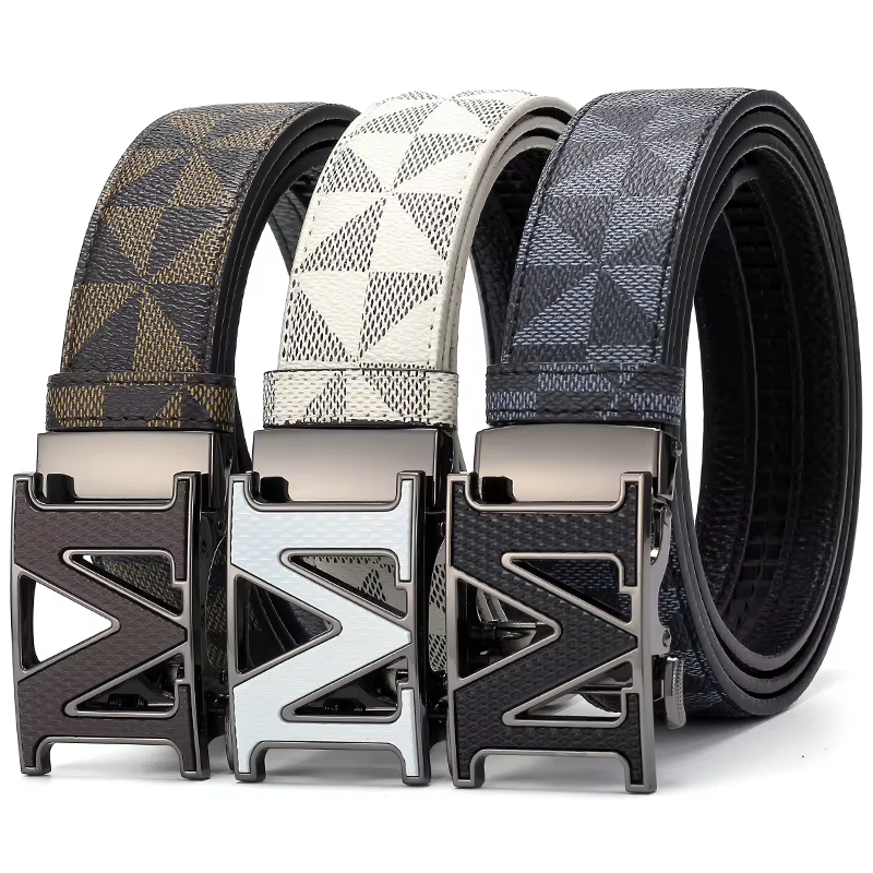 Ceinture de luxe pour homme avec boucle automatique lettre M, motif géométrique à carreaux, en cuir, pour affaires et décontracté