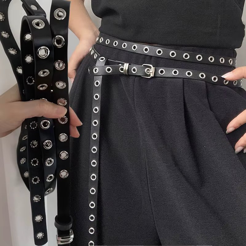 Ceinture Vintage américaine pour femmes, nouvelle chaîne à Double boucle, Rivet, boucle à œillets, ceinture en cuir Punk PU, Rock Unique, 2025