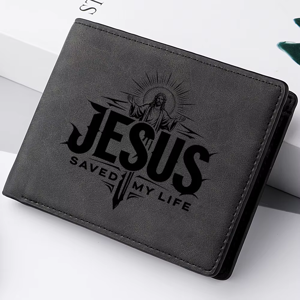Portefeuille Bifold Vintage en Cuir PU pour Homme avec Imprimé Croix « Jésus m'a sauvé la vie »