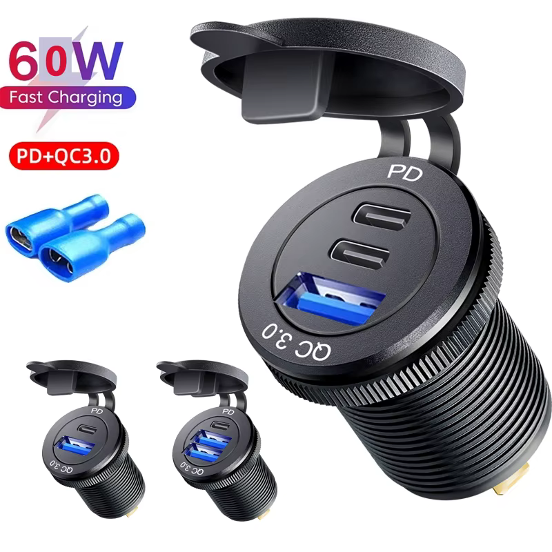 Prise de chargeur usb de voiture de Type c 12/24V, prise de chargeur USB à trois ports USB-C PD et double QC 3.0 pour voiture moto bateau RV