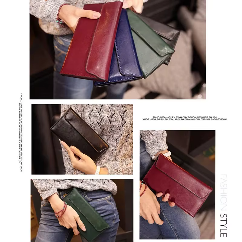 Portefeuille long luxueux en cuir véritable pour femme